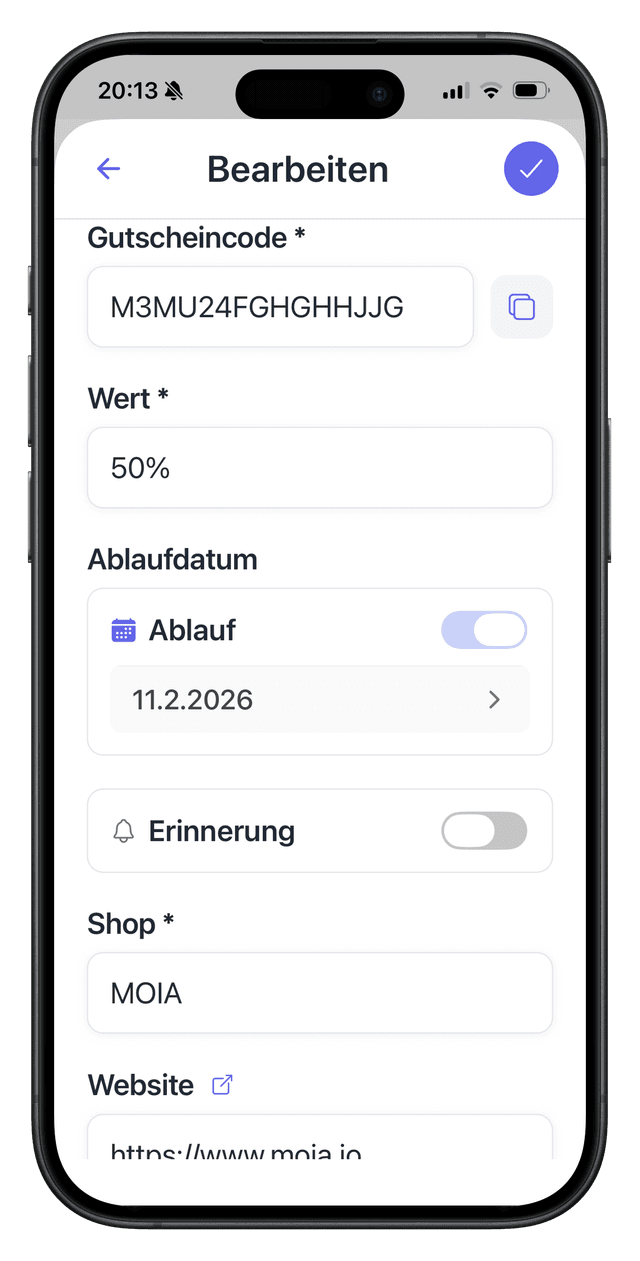 Gutschein bearbeiten Bildschirm