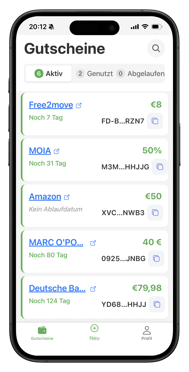 Startbildschirm mit Gutscheinliste