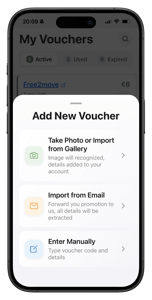 Screen for adding vouchers
