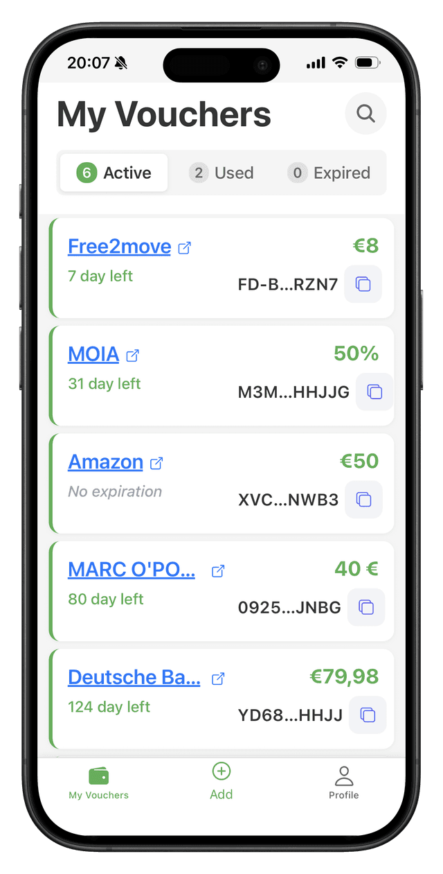 Home screen with voucher list