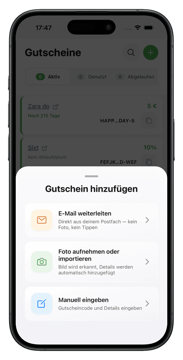 Bildschirm zum Hinzufügen von Gutscheinen