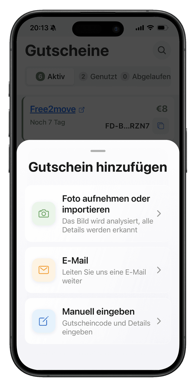 Gutscheinify App Bildschirm zum Hinzufügen von Gutscheinen